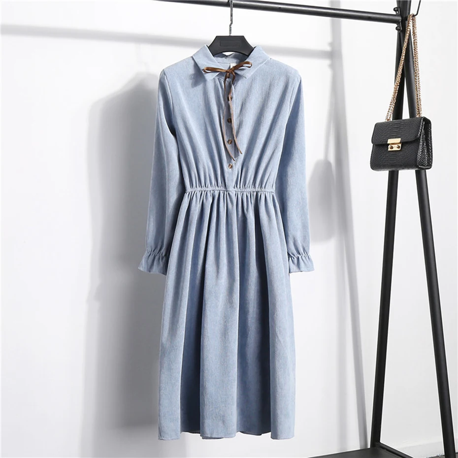 S-XL Bowtie Corduroy Dress Women Autumn Winter Lapel Single-breasted Elastic Waist Slim Vestidos Plus Size A-Line | Женская одежда