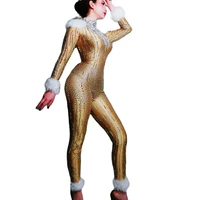 sparkly rhinestones women birthday prom celebrate jumpsuits gold tight stretch bodysuits nightclub white feather costumes