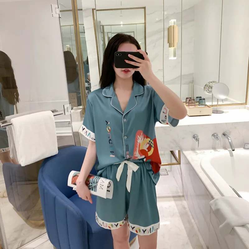 

Satin Silk Pajamas Set Women Soft Sleepwear Nightwear Short Sleeve Shirt&Shorts Two-Piece Suit Lounge Wear Pyjama Pour Femme