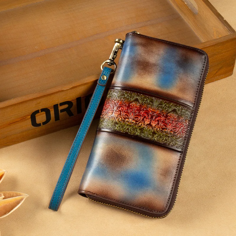 

Vintage Women Wallet 2021 New Hand Painted Zipper Clutch For Women Genuine Leather Phone Purse Casual Coin Wallets Long