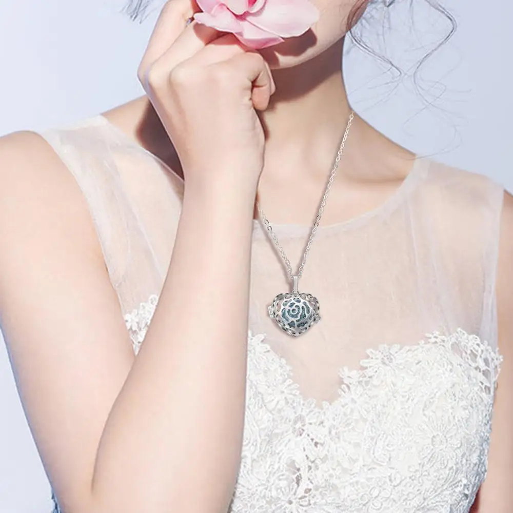 

EUDORA 18mm Silver Color Rose Hollow Cage Pendant with lava Stone Perfume Essential Oil Aromatherapy Necklace DIY Jewelry H164