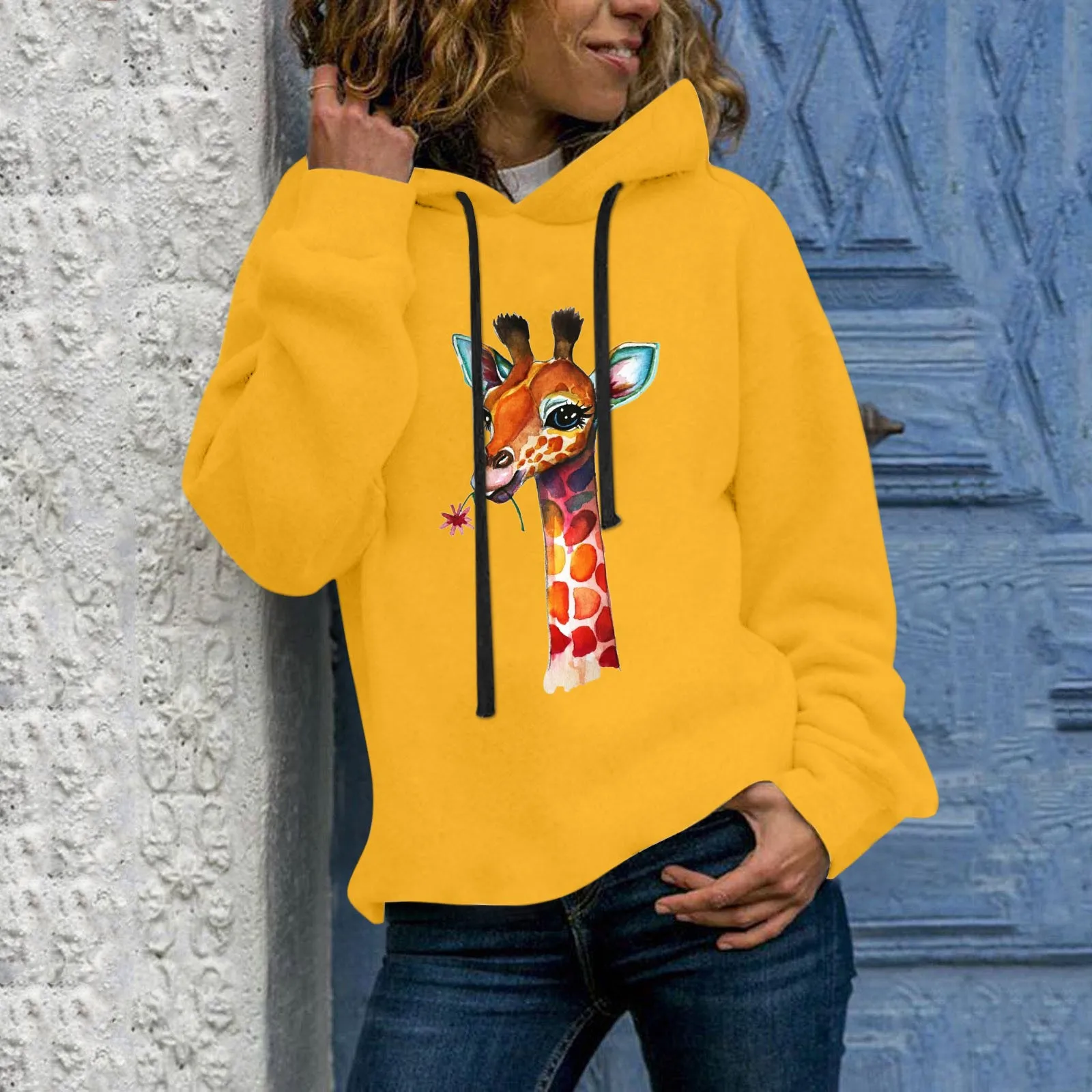 

Giraffe Sweatshirts Winter Women Animal Print Hooded Female Pullovers 2021 Loose Thicken Warm Hoodies Lady Autumn Tops Moletom