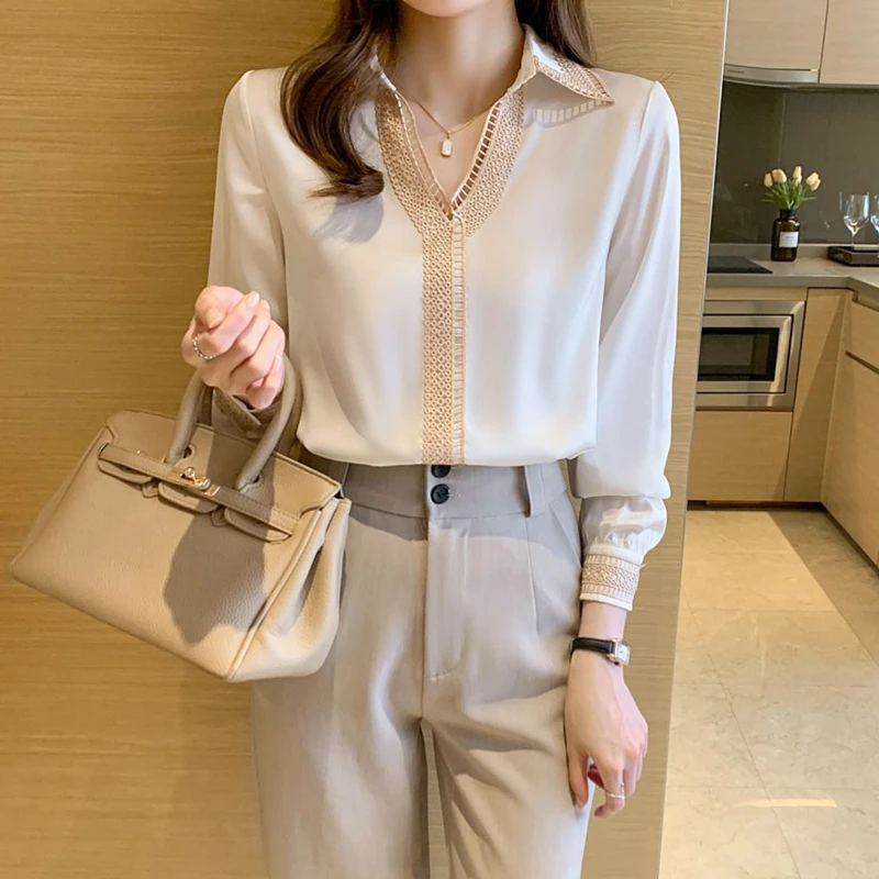 Женская шифоновая блузка с V-образным вырезом и длинным рукавом |