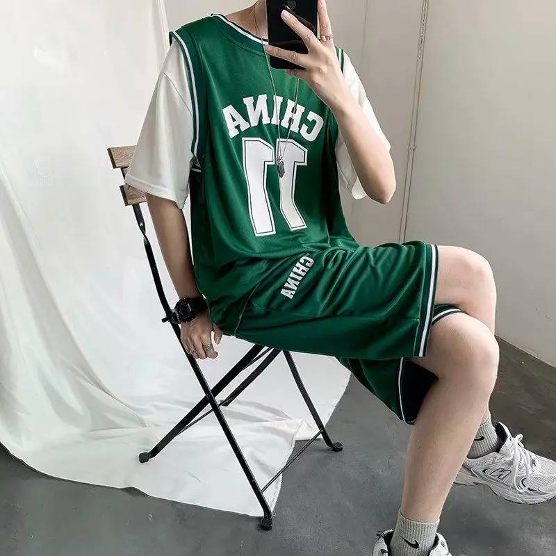 

2021 Summer Men Basketball Suit Trend Hip Hop With Handsome Blue Jersey Vest Street Student Fake Two