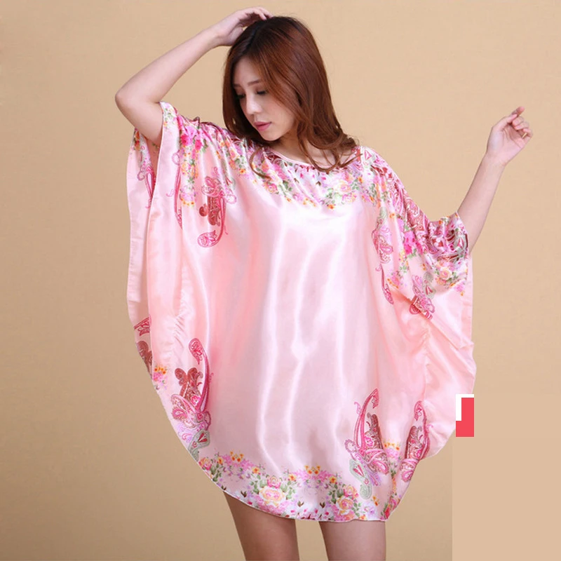 Floral Pink Для женщин атласная сексуальные шелковые пижамы Ночные сорочки пижамы рукав «летучая мышь» по колено ночные рубашки, ночное белье Розовый Ночная одежда ля маленьких девочек и малышей - Цвет: Floral Pink
