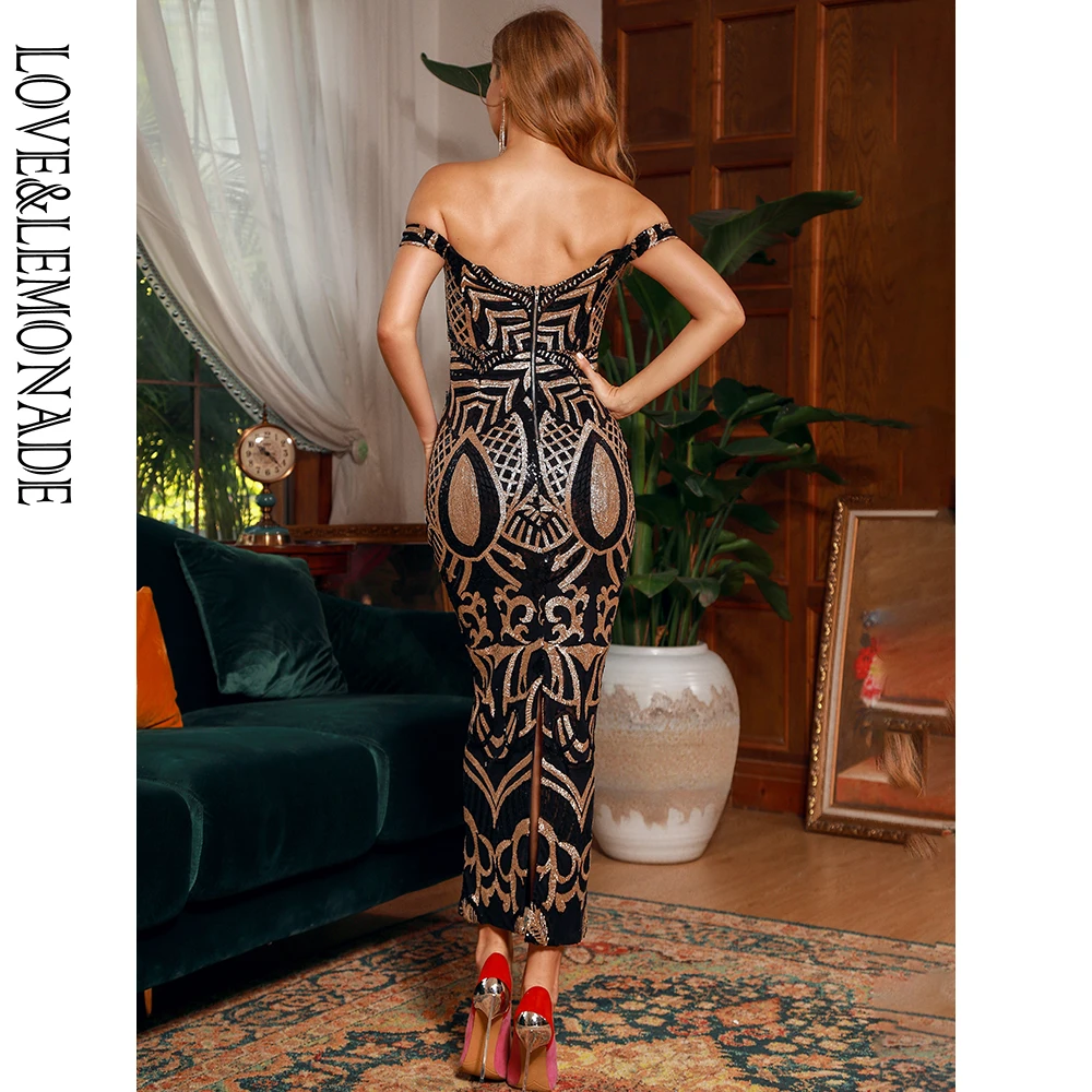 

LOVE&LEMONADE Sexy Card Shoulder Small Sleeves Black Geometric Figures Sequined Bodycon Midi Dress LM81349-1