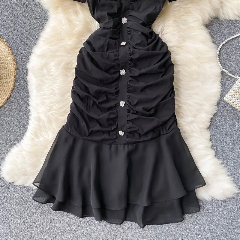 

Summer New Fashion Temperament Vestidos Women's Square Collar Puff Sleeve Pleated Breasted Slim Fishtail Midi Dress DK628
