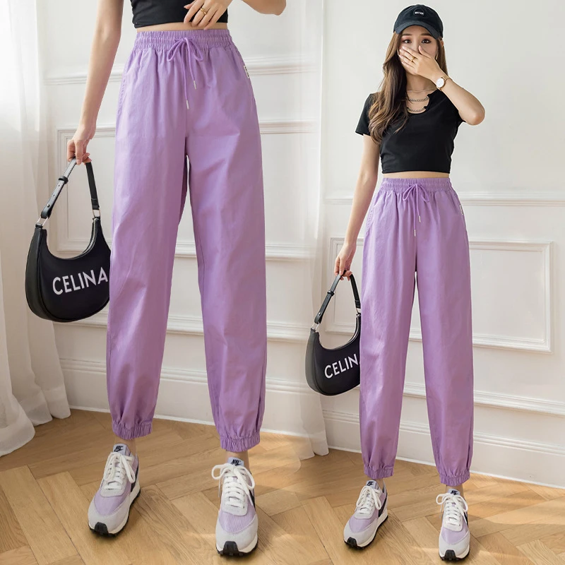 

Candy Color Orange Pink Gray Sports Pants Female Street Leisure BF Harajuku Harem Pants S-XL 2021 Autumn Women Sweatpants