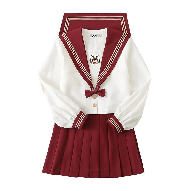 

[Xmas Bear] Summer Autumn Long Sleeves Red Sailor Dress With Bear Embroidery Women JK High School Uniform Class Students Cloths