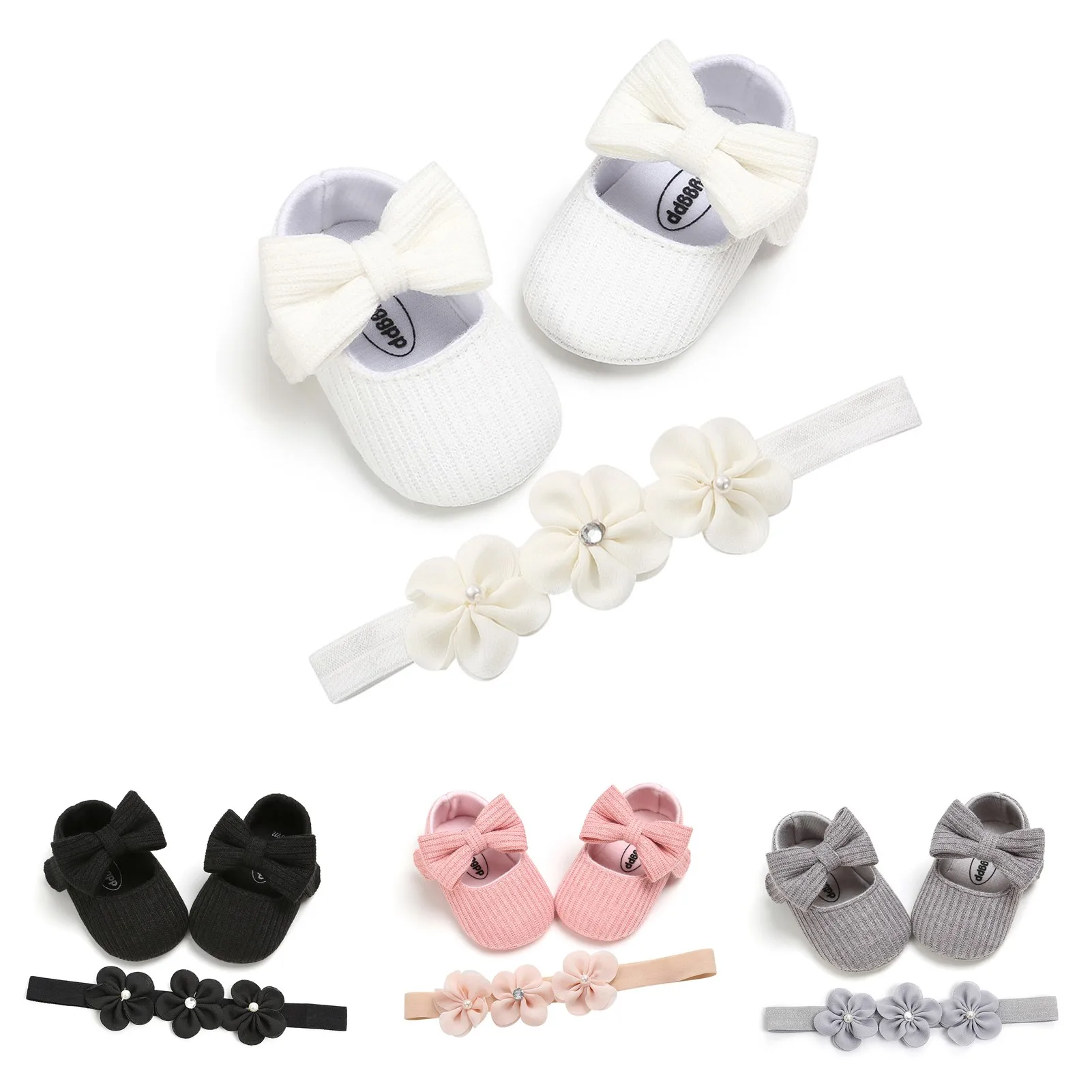 

2021 New Spring 0-18M Baby Girl Bow Crib Shoes+Pearl Flowers Headband Princess Set Buckle Strap Toddler Infant Footwear 4 Colors