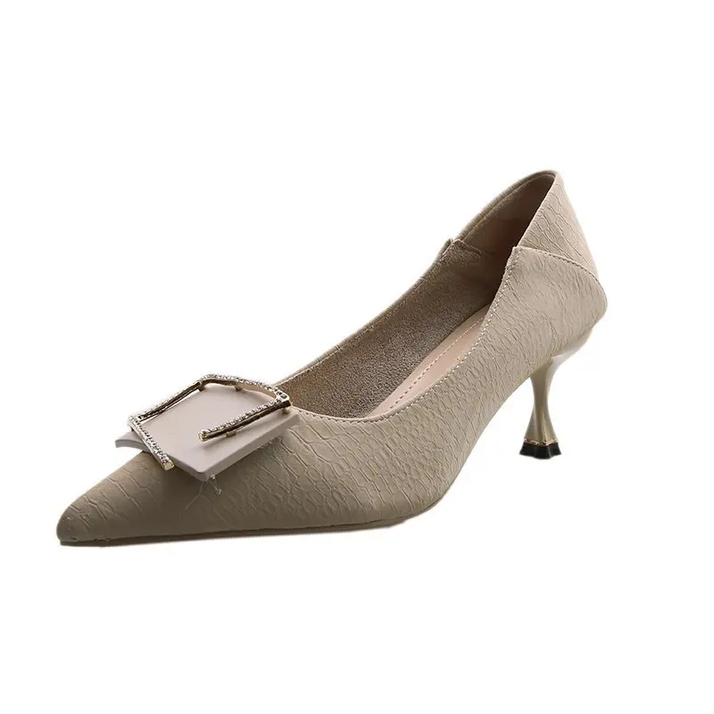 

New Hot Sale Fashion Women's High Heels Metal Rhinestone Large Size Stilettos Pointed Toe PU All-match Single Shoes Stage Party