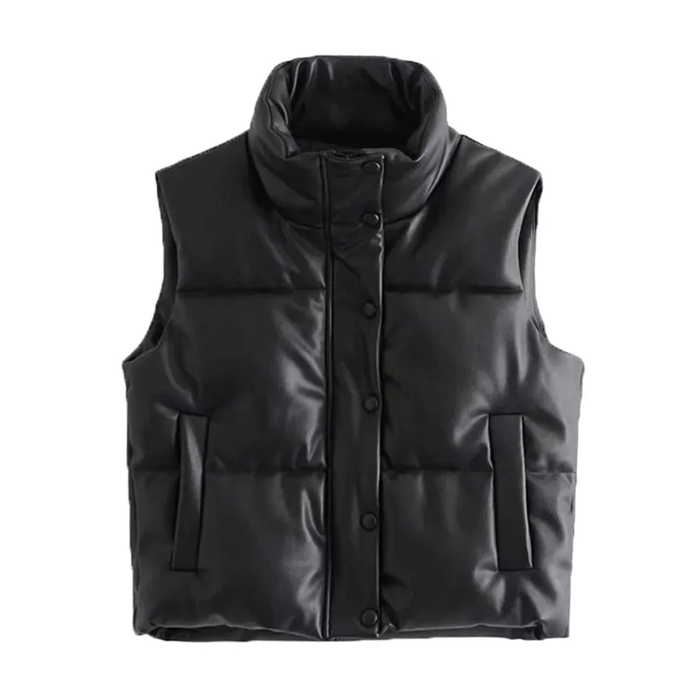 

Women Fashion With Drawstrings Faux Leather Padded Waistcoat Vintage High Neck Side Pockets Female Outerwear Mujer