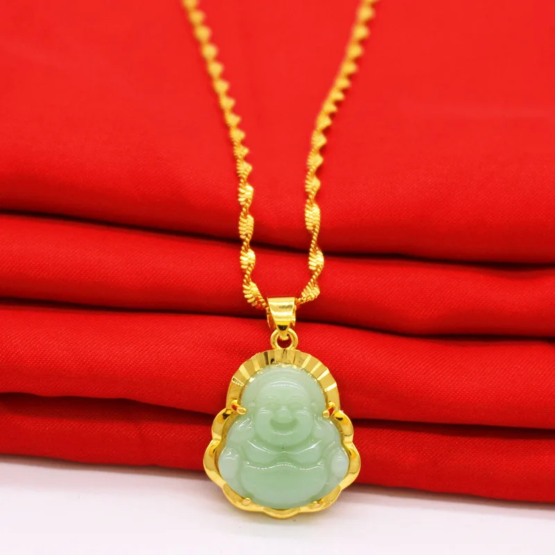 

18K Gold Buddhist Guanyin Pendant Necklace Chinese Style Green/White Ornament Maitreya Buddha Amulet Hinduism Jewelry