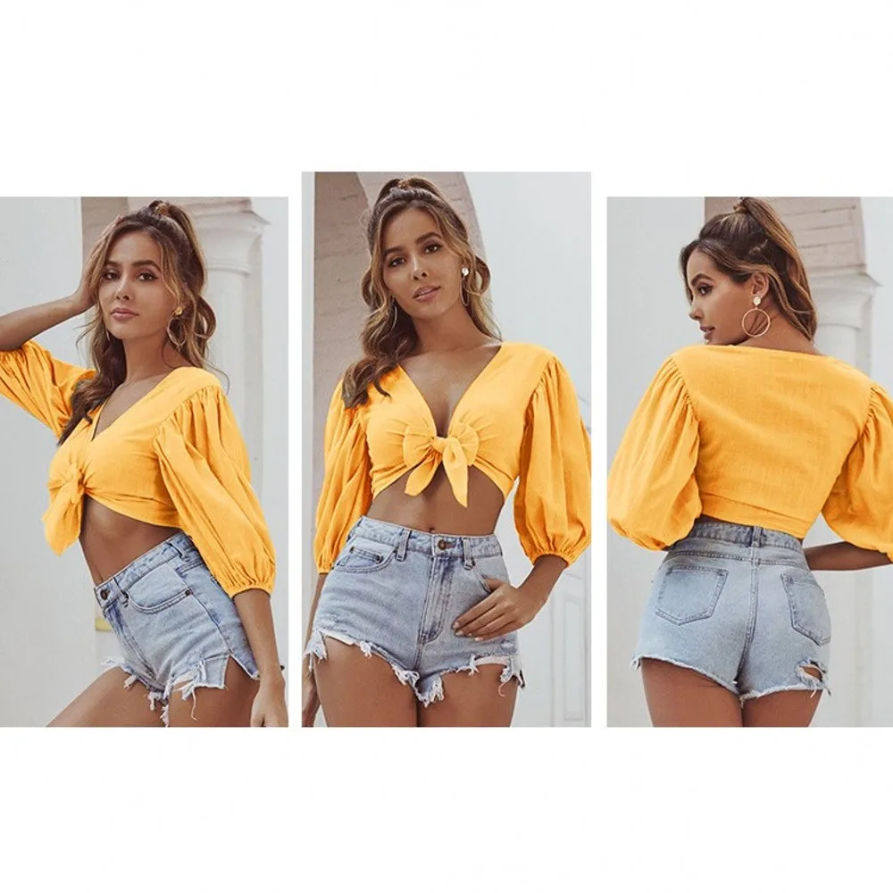 Nouvelle chemise amincissante pour femmes, Sexy, à la mode, assortie avec tout, col en v, manches lanternes, chemisier à nœud court, 2021