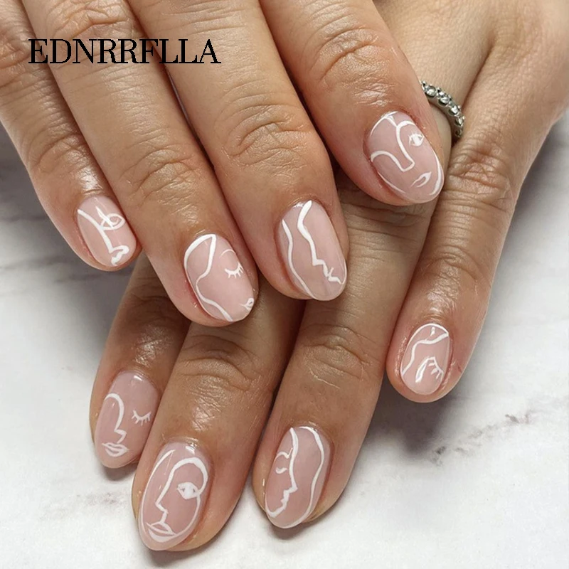 

24 Pcs French Nail Art Abstract Character Lines Press On False Nails With Glue Tips Wear Detachable Full Cover Fake Nails