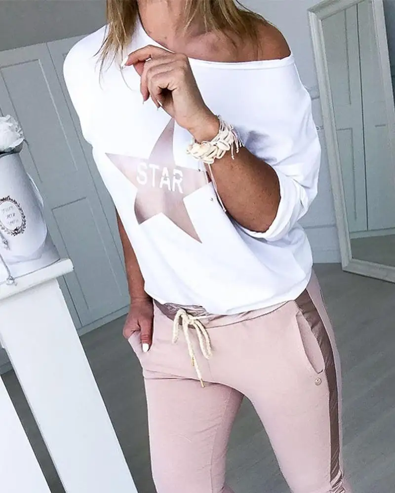 Топ с принтом звезды и дизайнерские штаны на шнурке женские комплекты из 2