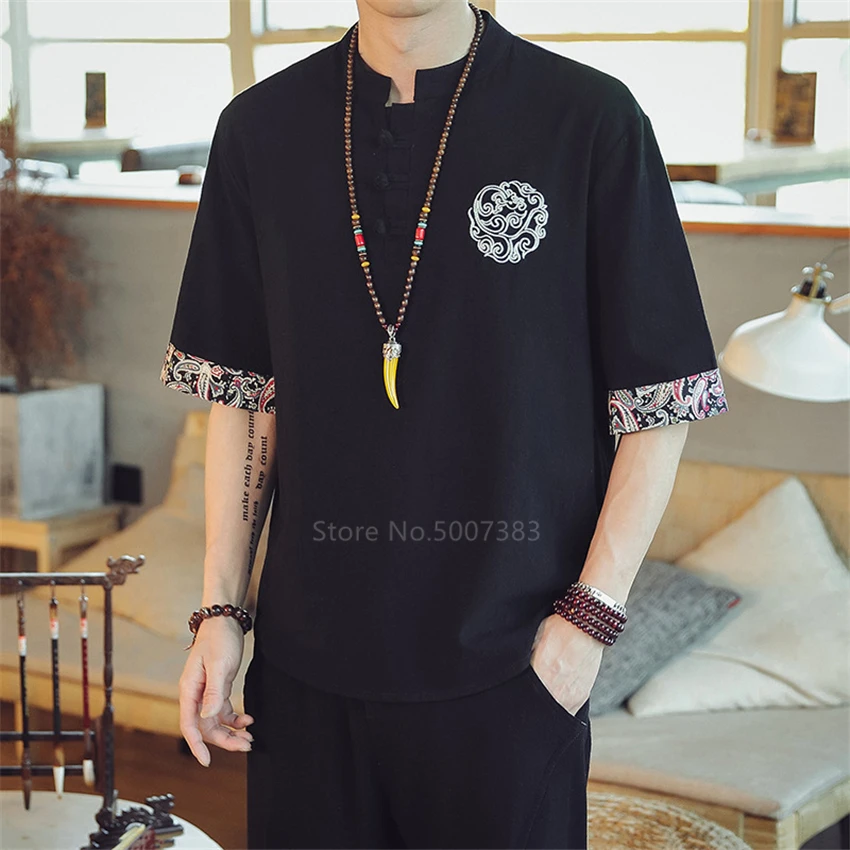 Льняные мужские топы с китайским принтом ретро летний костюм Тан коротким