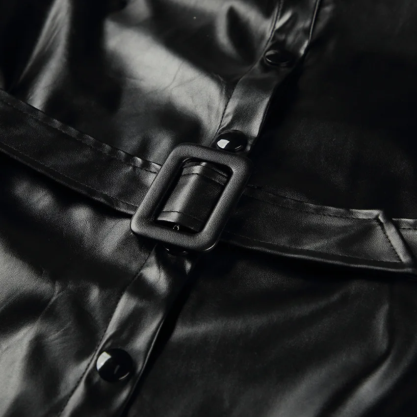 

Black pu fit and flare dress Women turn-down collar long sleeve button down mini shirt dress with belts Office lady short dress