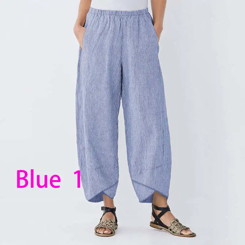 Blue 1 Женские повседневные штаны-шаровары в полоску,, ZANZEA, винтажные брюки с эластичной резинкой на талии, асимметричные панталоны для женщин, Палаццо размера плюс, 5XL - Цвет: Blue 1