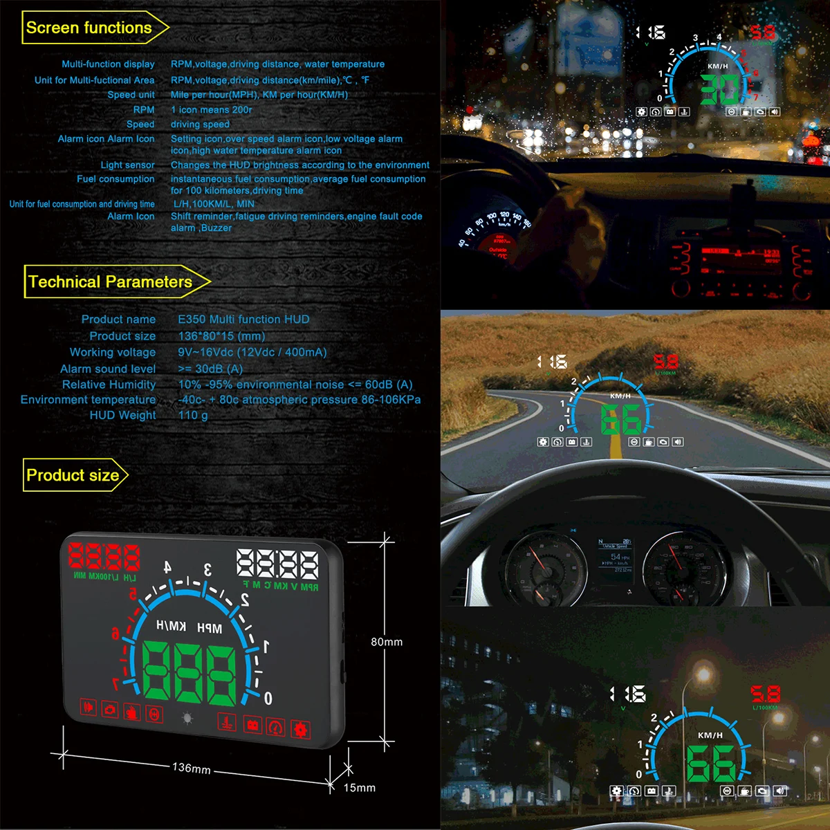 

E350 OBD2 Car HUD Port Head Up Display Speedometer windshield projector auto hud head-up display Projector