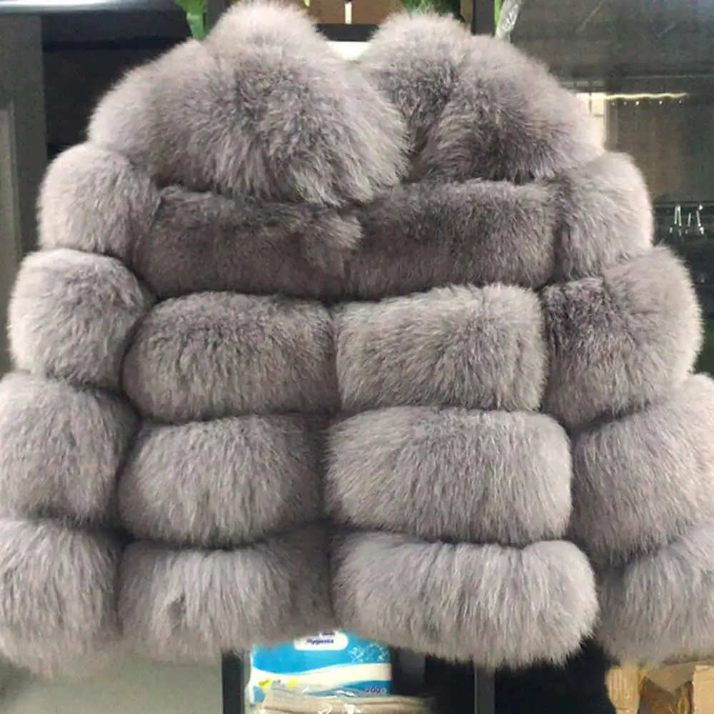 light grey 60 60 см новая теплая шуба из натурального Лисьего меха женская зимняя Толстая Шуба из натурального Лисьего меха Меховая куртка верхняя одежда женский Дамский стоячий воротник жакет из меха - Цвет: light grey 60