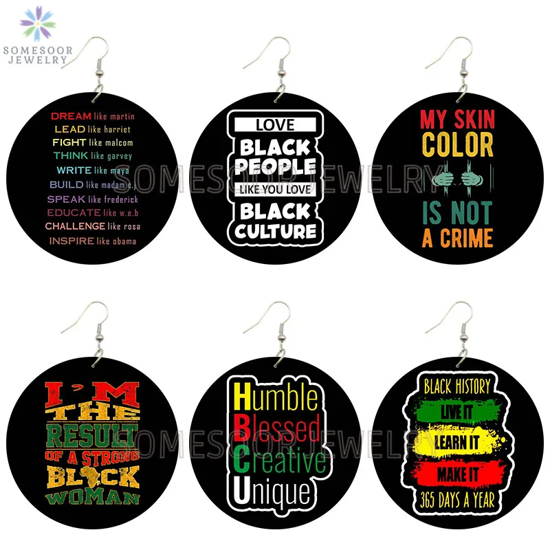 SOMESOOR Black History Powerful Sayings Printed Wooden Drop Earrings African American HBCU Inspired Loops Dangle For Women Gifts