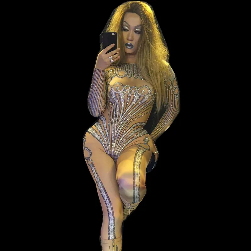 Sexy Nude Rhinestone Jumpsuit Elastic Leotard Pole Dance Catsuit Nightclub Disco Singer Stage Outfits Crystal Dance Bodysuits