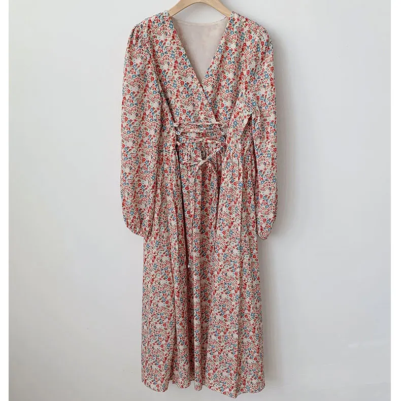 

2021 Women Flower Print Dress V-Collar Long Dress Lace-Up Waist Women Floral Dress Elegant