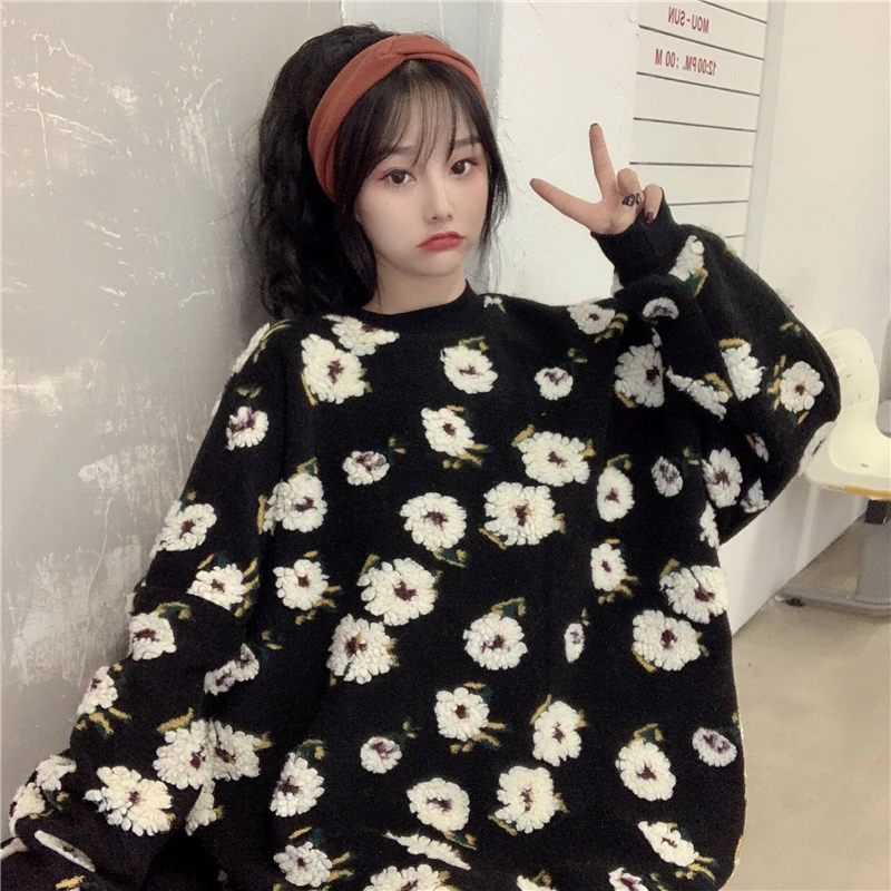 

Long Sleeve Pullover Hoodies Casual Fashion Ropa Mujer 3D Flower Sweatshirt Women Loose Korean Style New Autumn