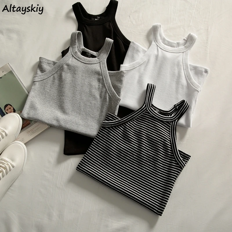 

Tanks Women Slim Leisure Solid Korean Style Female Tops Summer New All-match Stylish Simple Soft Students Workout Elegant Chic