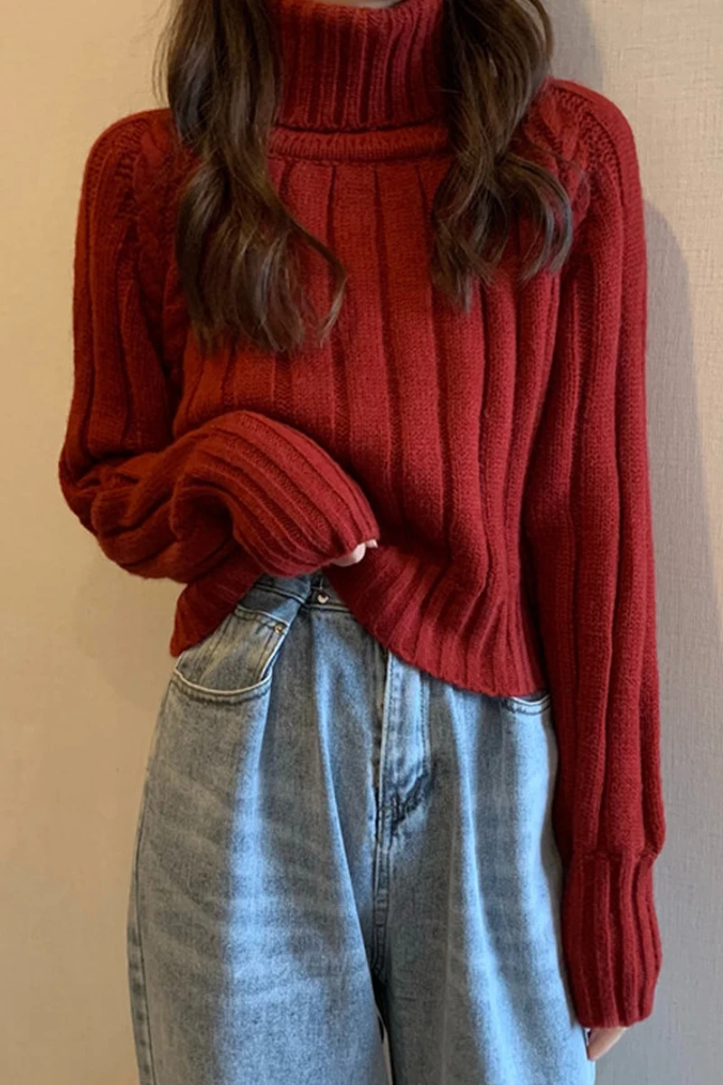 

Crop Top Autumn Winter Pullovers Knitted Casual Style Women's Clothing Turtleneck Sweater Korean Clothes Solid Tops Female