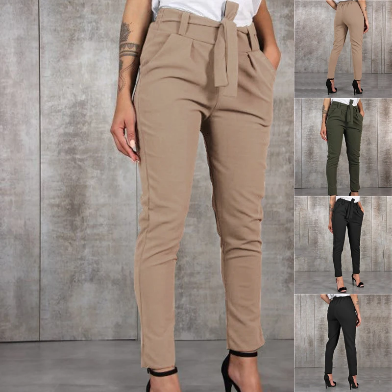 

GAOKE Stylish Pant Pockets Fashion Basic Bandage Knitted Women High Waist Slim Streetwear Capris Female Chiffon Casual Pants