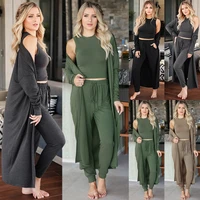 three piece womens sling pullover long pocket sweater cardigan wide leg drawstring nine point pants casual womens suit spring