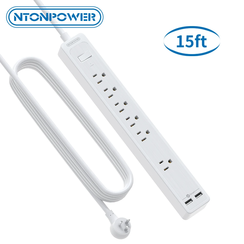 

NTON Защита от перенапряжения питания полоса питания с USB США плоский штекер 15 футов удлинитель для дома/офиса/общежития предметы первой необ...