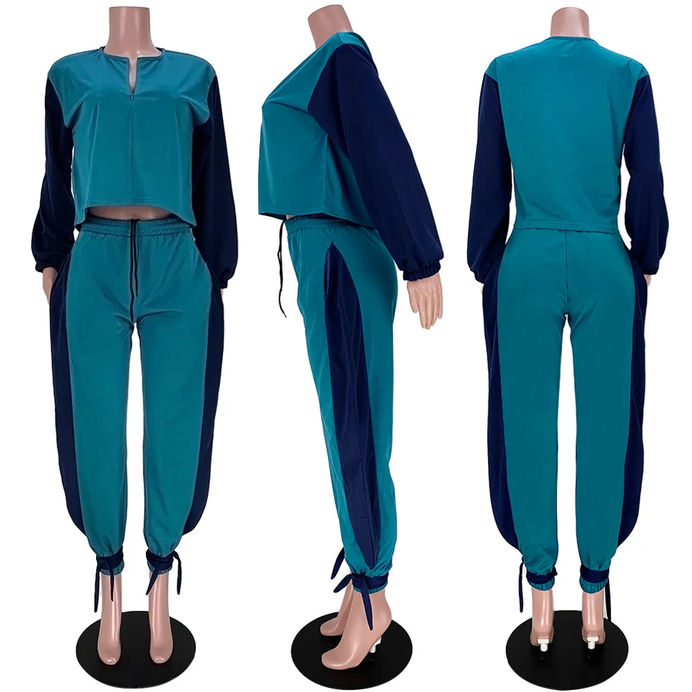 

Blue/Khaki Color Match Sexy 2 Piece Matching Set Women Tracksuit Zipper Up Long Sleeve Crop Top and Loose Sweatpant Co-ord Sets