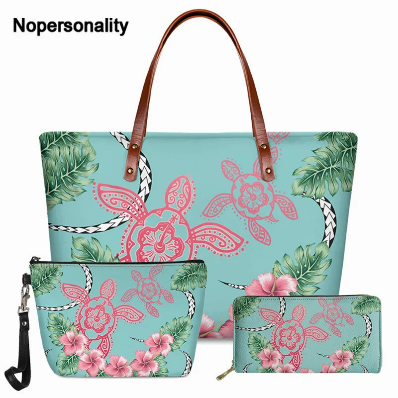 

Nopersonality Hot Style Women Luxury Totes Bag And Leather Wallet Set Hawaii Turtle Hibiscus 3D Printed Large Party Shoulder Sac