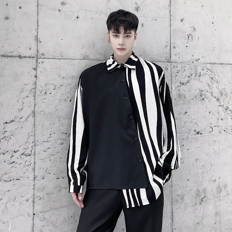 

2020 Autumn Zebra Striped Patchwork Oversized Men Shirt Asymmetric Design Casual Long Sleeve Shirts Blouse