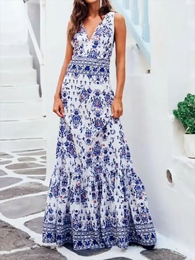 Женское цветочное Макси платье Лето белое синее фарфоровое вечерние BOHO пляжные длинные платья женские праздничные платья Longo плюс размер
