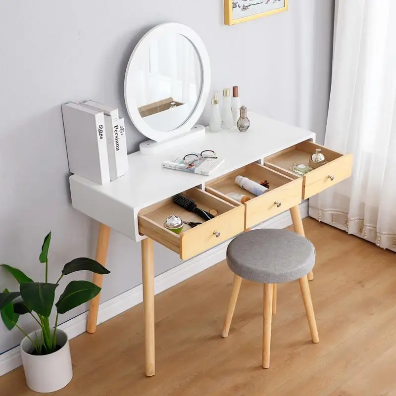 

3 Drawer Large Dressing Table With Stool Removable HD Mirror Bedside Table Practical Office Desk 100*40*125CM Home Furniture HWC