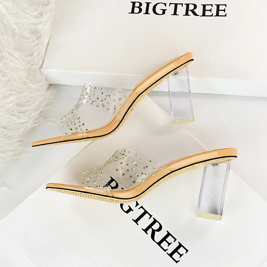 

Summer New Women Crystal Sandals Transparent Women Slippers Thick Heels Open Toe Fashion Shoes for Ladies Party Female High Heel