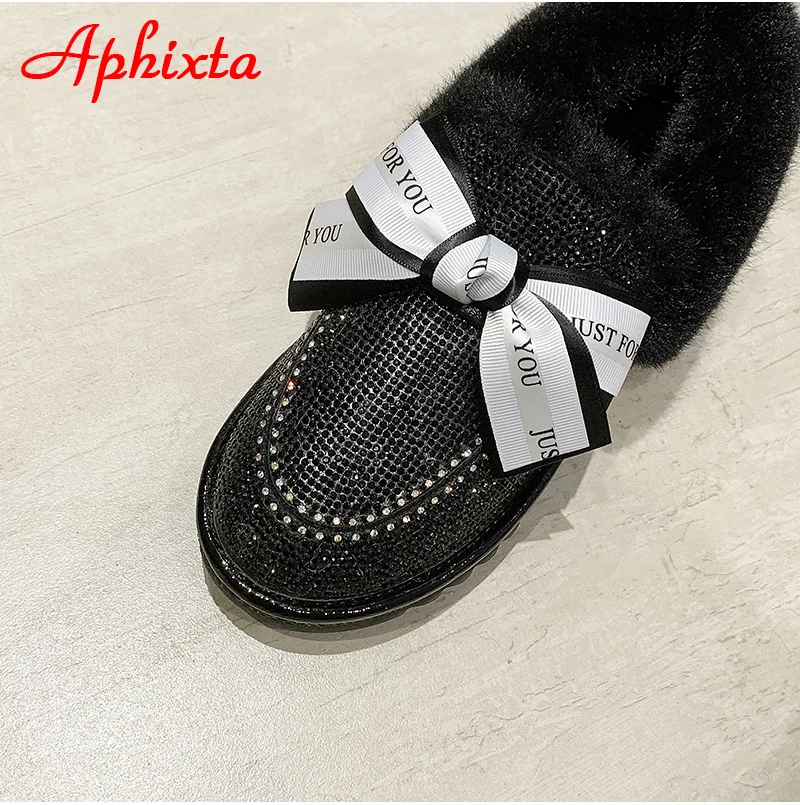 Aphixta с украшениями в виде кристаллов теплые зимние сапоги Для женщин платье-пачка с бантом Красочные из ткани, расшитой блестками; туфли Стразы алмазы зима плюс Женская обувь на меху