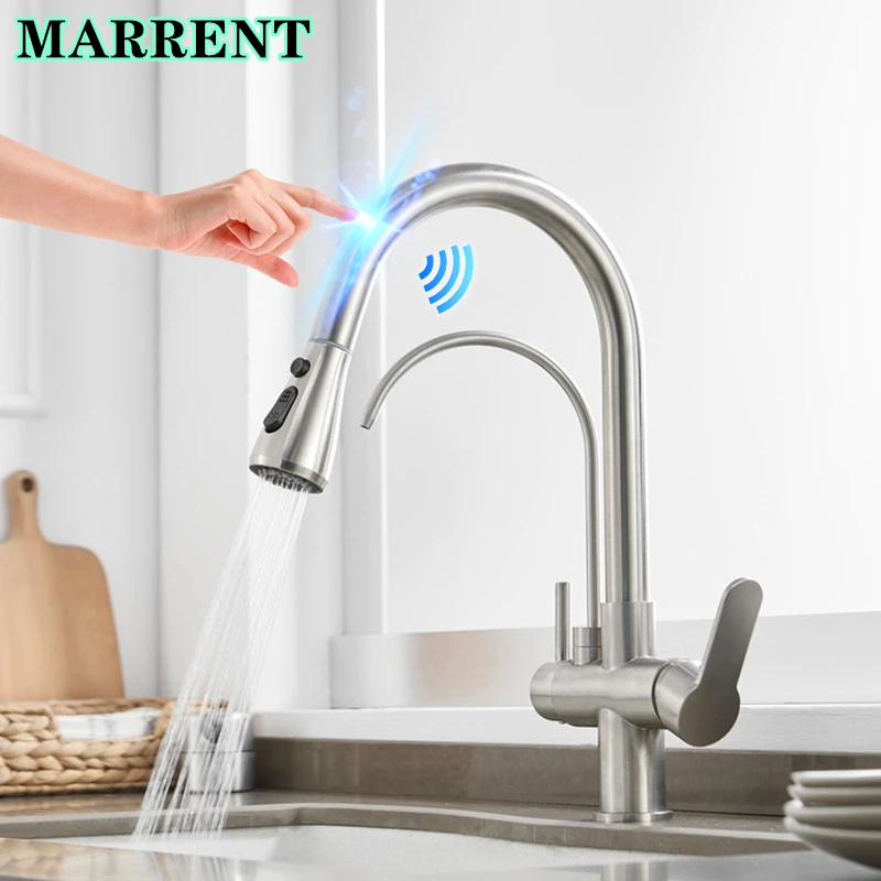 

Sensor Touch Filter Kitchen Faucets Hot Cold Pull Out Kitchen Sink Mixer Tap 3 Ways Brushed Nickel Touch Kitchen Mixer Faucet
