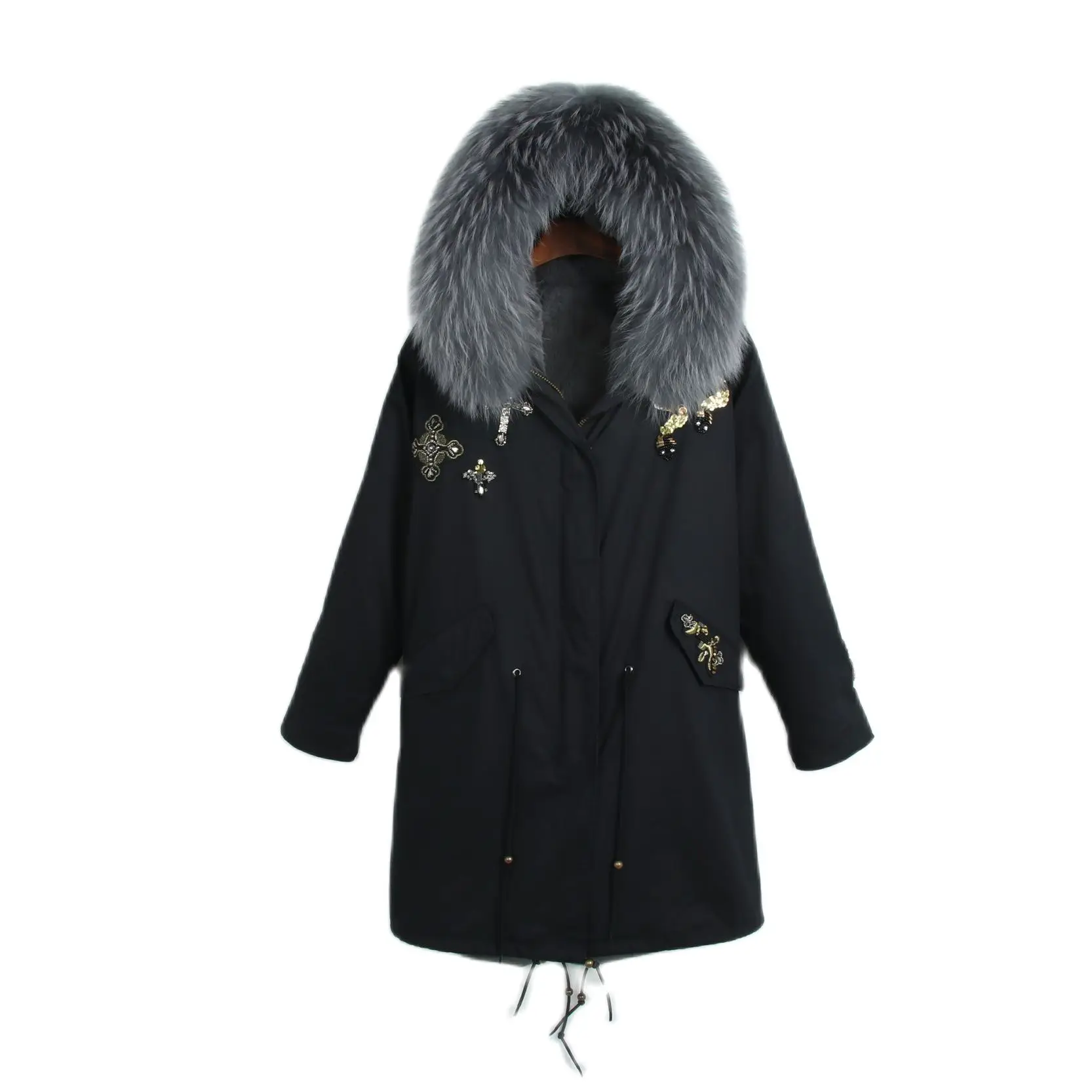 Черная длинная парка для женщин и мужчин, зимняя куртка из искусственного меха, пальто с воротником из натурального меха енота