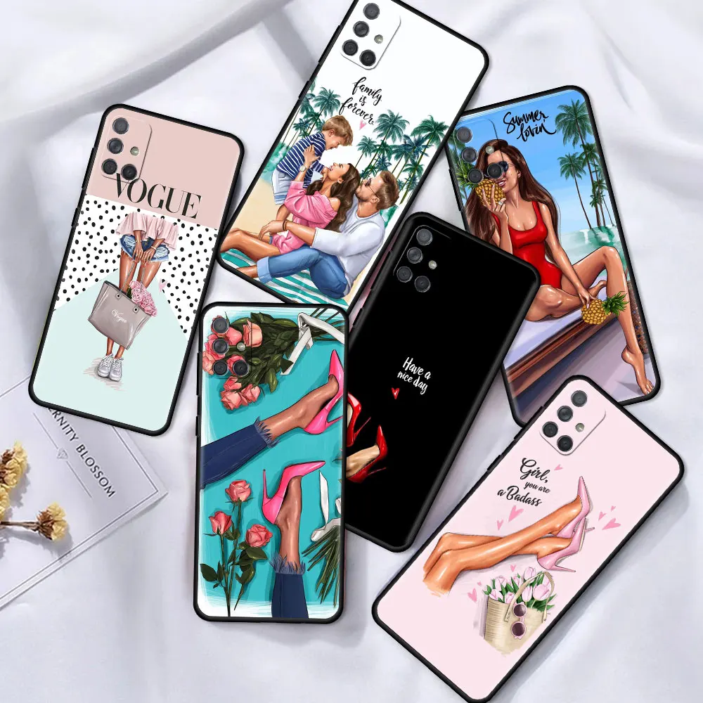

Phone Case For Samsung Galaxy A51 A12 A21s A71 A31 A52 A32 A02s A72 A11 A41 A01 A02 Black Soft Cover High Heels Girl Flower