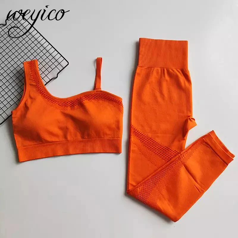 Yoga Set Women SportWear Seamless Fitness Suits Female Gym Clothing Legging One shoulder 2 pieces Workout Sport Clothes | Спорт и