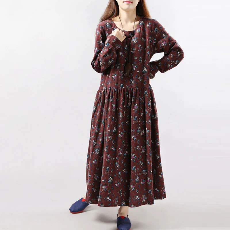 Винтажное женское длинное платье длиной до щиколотки с длинным рукавом