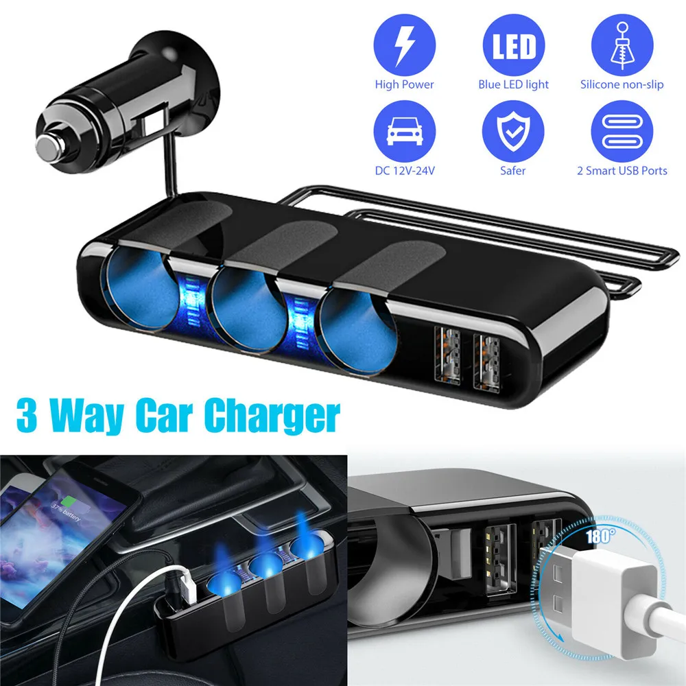 

3 Way Charger Power Adapter Dual Usb Port Car Cigarette Lighter Socket Splitter