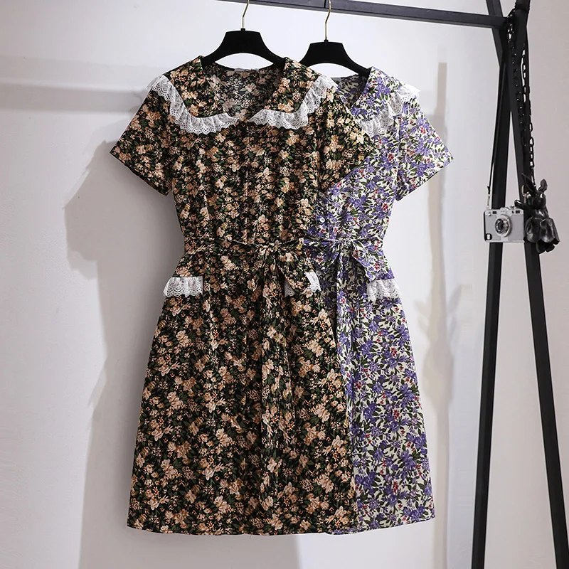 

Floral Lace Short Sleeved Midi Plus Size 6Xl Large Vintage Casual Robe Spring Summer Clothes Dress For Women'S 2021 Sukienka