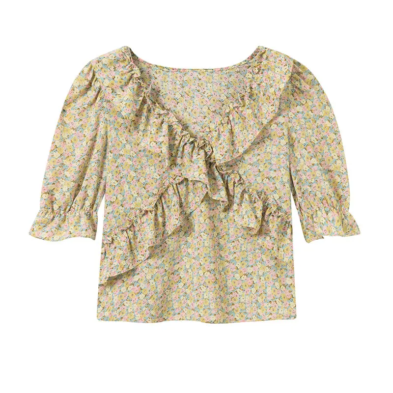 

2021 New Summer Women Blouses Casual Slim Half Sleeve Ruffles Print Floral Shirts Fashion Elegant Office Lady Tops Clothing