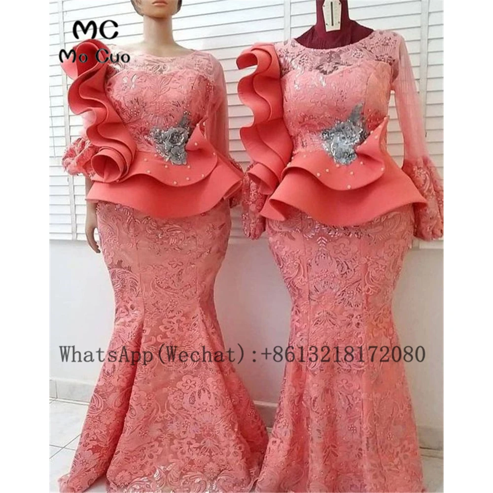 

2021 Coral Women Mermaid Prom Dresses Long Sleeves with Lace Appliques Ruffles Flowers Evening Prom Gown